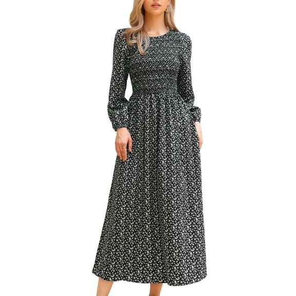 DARING DIVA Floral Smocked Long Puff Sleeve A-Line Boho Maxi Dress XS Black