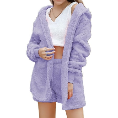 

Avamo Casual Fluffy Pajamas Set for Women Solid Color 3 Pieces Outfits Loungwear Hoodies Lounge Sets Light Purple M