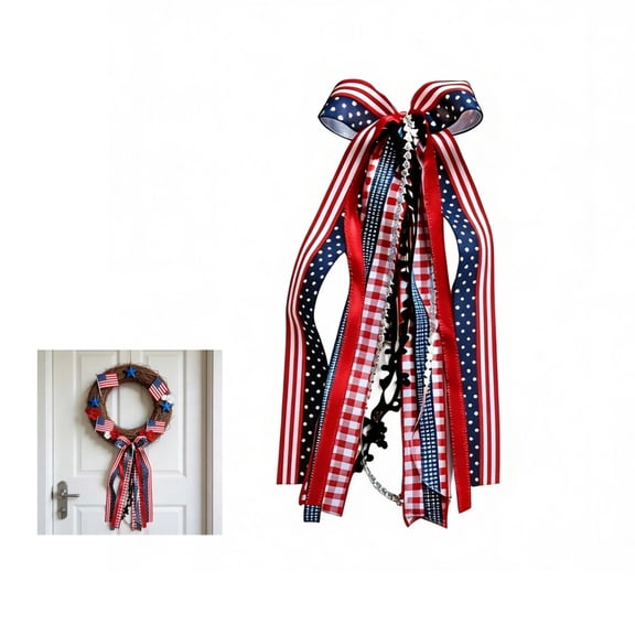 Large Independence Day Star Ribbon Bow for Wreath, Patriotic Red White Buffalo Plaid Fabric Ribbons Set Assorted Ribbon 4th of July Wreath Sash Ribbons Bundle for Patriotic Indoor Outdoor Decor