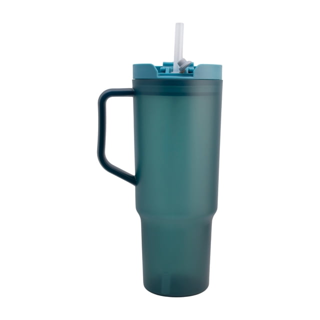Termo de Plástico con Tapa Doble y Popote, Vaso Alto Reutilizable con Asa Ergonómica, Capacidad 1.2 Litros, Color Verde