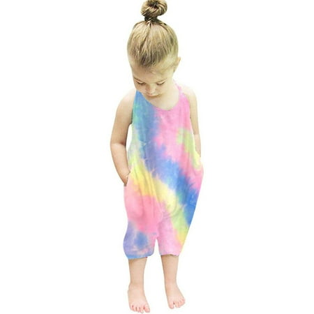 

EHTMSAK Infant Baby Toddler Kids Tie-dye Clothes Pocket Jumpsuit for Girl Summer Halter Romper Pink 2Y-7Y 120