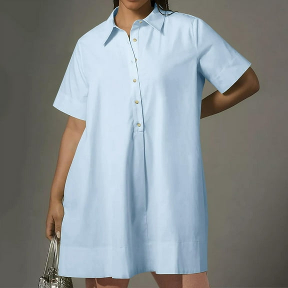 Teissuly Women's Spring/Summer Casual Loose Short Sleeved Button Pocket Shirt Dress