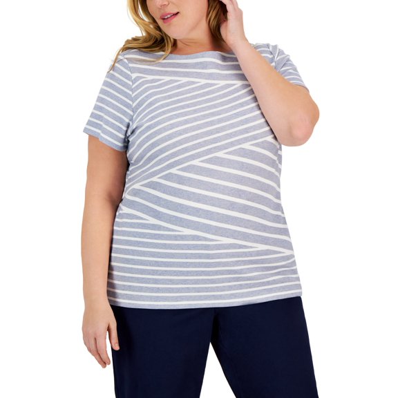 Plus Size Callie Asymmetric Striped Top Light Blue Heather 4X