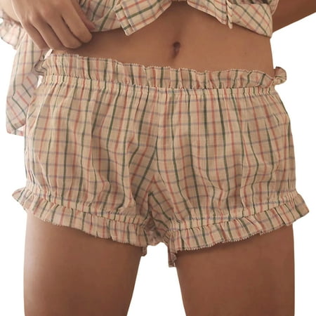 Women Y2k Boxer Shorts Lolita Bloomers Plaid Gingham Sexy Ruffle Low Waist Lounge Sleep Boy Bottoms Pajamas