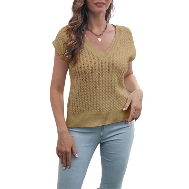 TRKIYQC Tops de punto de manga corta para mujer con color sólido, ajuste holgado con cuello en V estilo casual ropa de primavera TRKIYQC moda