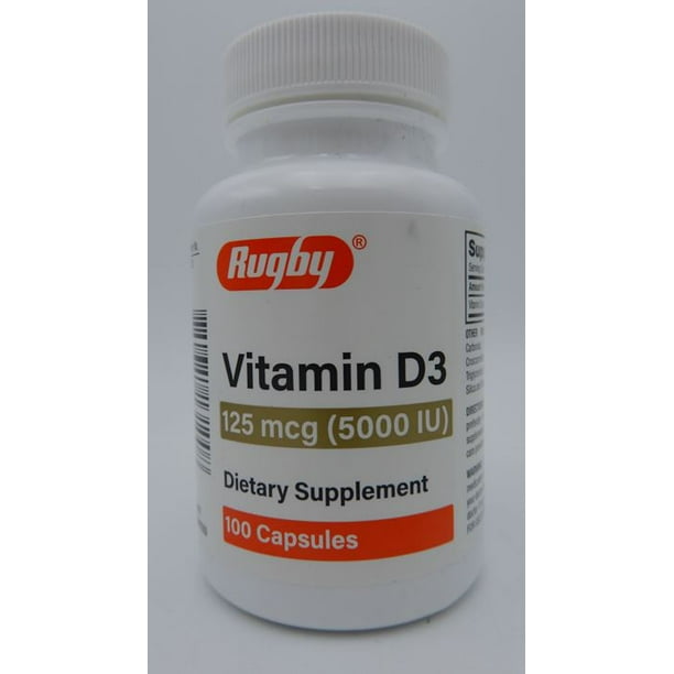 Rugby Vitamin D3 Dietary Supplement 125 mcg (5000 IU) 100 Capsules