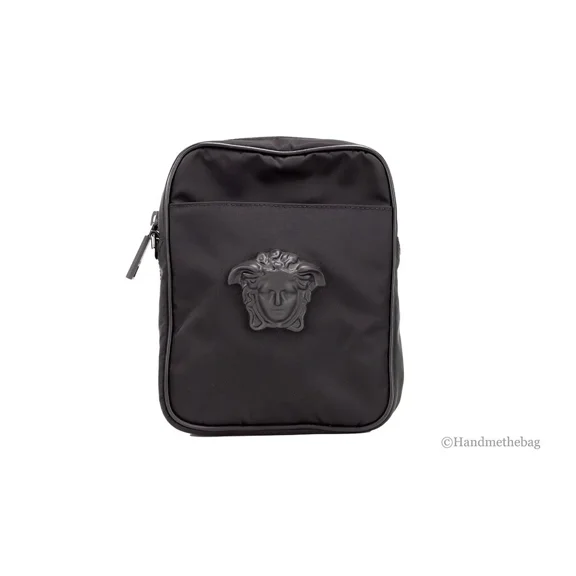 Versace Small Black Nylon Medusa Messenger Crossbody Bag