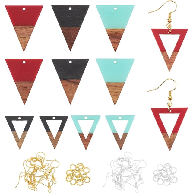 72pcs Triangle Bag Resin Wooden Earring Pendants Resin Walnut Wood Earring Makings Kit Wood Earring Accessories with Earring Hooks Jump Rings for Earrings Necklace Making -6 Colors