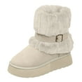 thumbnail image 5 of Platform Snow Boots for Women Suede Cozy Plush Fold Over Slip on Winter Mid Calf Booties with Ankle Strap Beige Size 8.5, 5 of 5