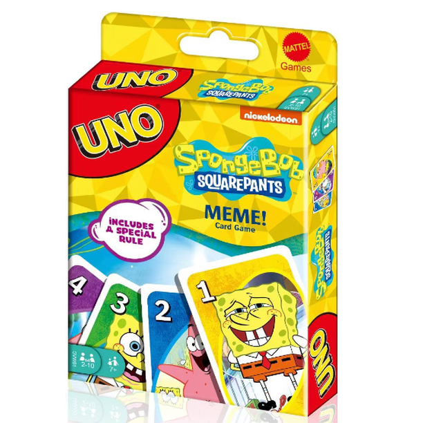 Juego de cartas UNO Bob Esponja de Mattel Games para una noche familiar con gráficos inspirados en la serie de televisión para 2 a 10 jugadores.