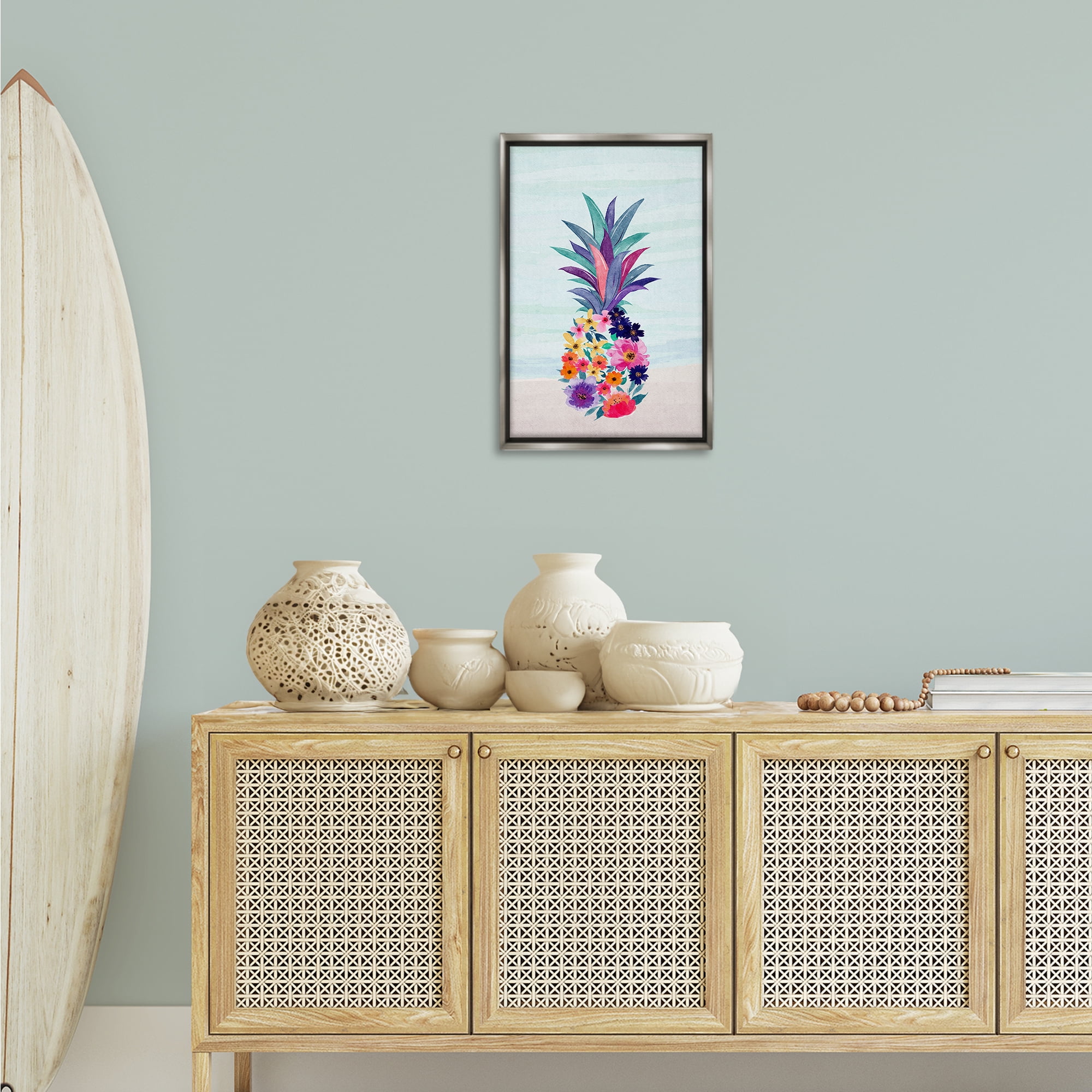 Stupell Industries Floral Pineapple Beach Plants & Flowers Painting Gray Floater Framed Canvas Art Print Wall Art, 17 x 25