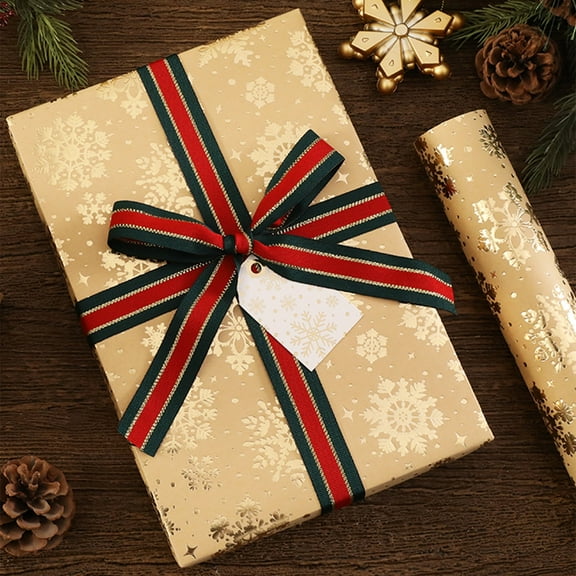 Fasiaou 1 Counts Gold Foil Christmas Wrapping Paper with Santa Snowflake Print Premium Kraft Gift Wrap for Holiday Presents Large 50x70cm Recyclable Festive Packaging Supplies