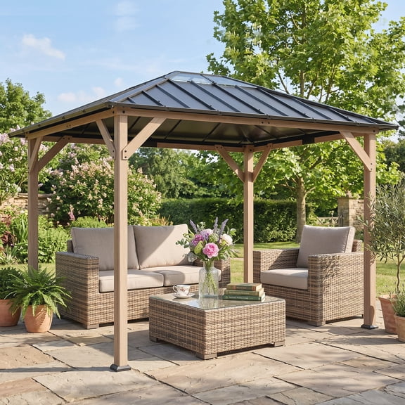 Outsunny 10' x 12' Hardtop Gazebo with Galvanized Steel Roof, UPF50  Wood Permanent Pavilion Canopy Shelter with Clear Roof Top, Light Walnut
