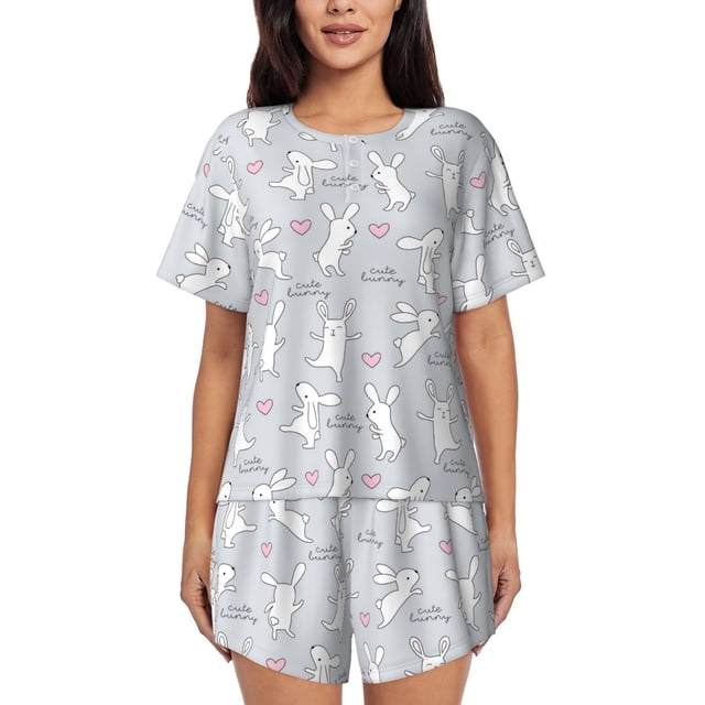 Kdxio Fun Rabbit Print Women's Short-Sleeve Pajama Set Soft Stretch Comfy Homewear Lounge Yoga Travel-Medium