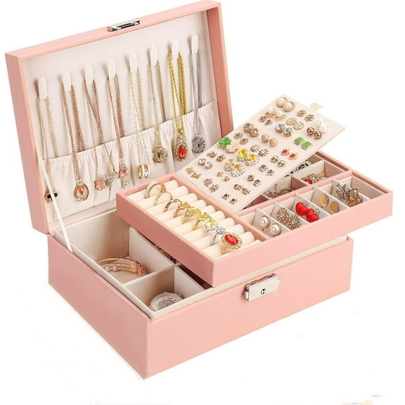 LQQBOX 2 Layers Jewelry Organizer Container with Lock, Jewelry Box for Women Girls, PU Leather Storage Case, Jewelry Display Box for Necklaces Earrings Bracelets Rings Watches (Pink)