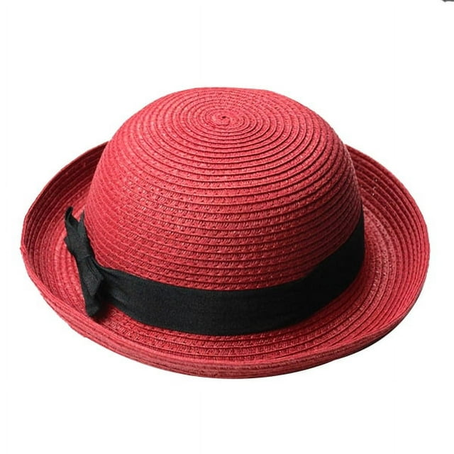Sombrero de paja con ala ancha enrollable y lazo para mujer y niña, estilo bombín para playa, para verano (rojo)