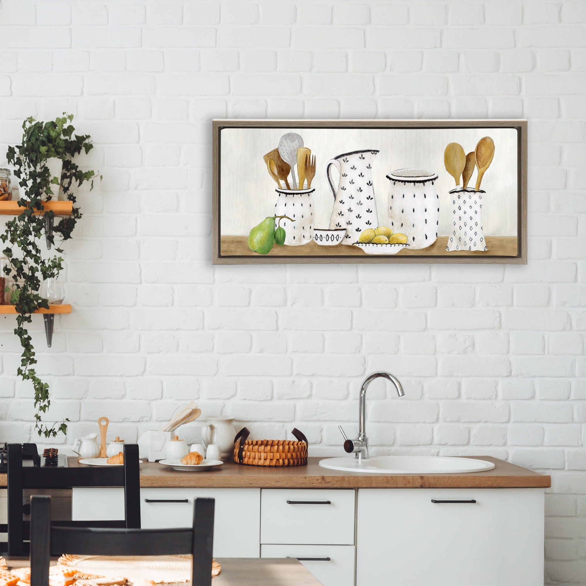 Stupell Industries Kitchen Jugs & Utensils Brown Framed Floater Canvas Wall Art, design by Janet Tava