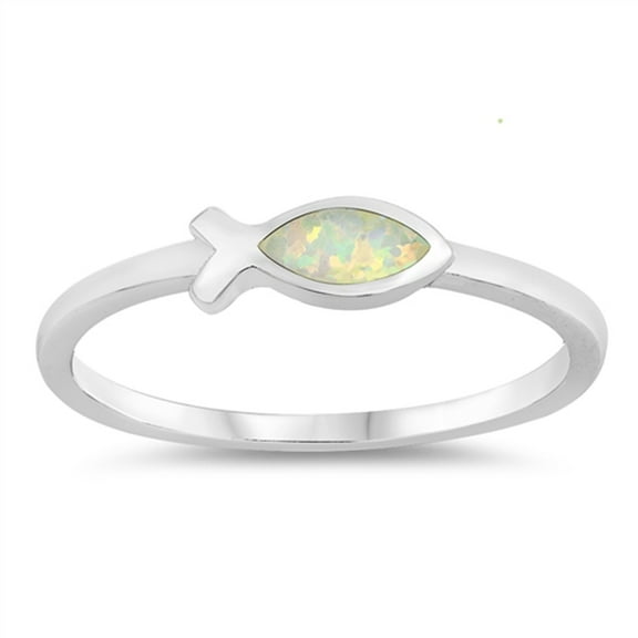 CHOOSE YOUR COLOR White Simulated Opal Christian Fish Ring .925 Sterling Silver Band CZ Female Size 10