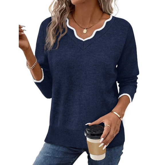 Women's V-neck Sweater Pullover Comfortable Lightweight Sweater Long Sleeve Top Autumn Clothing