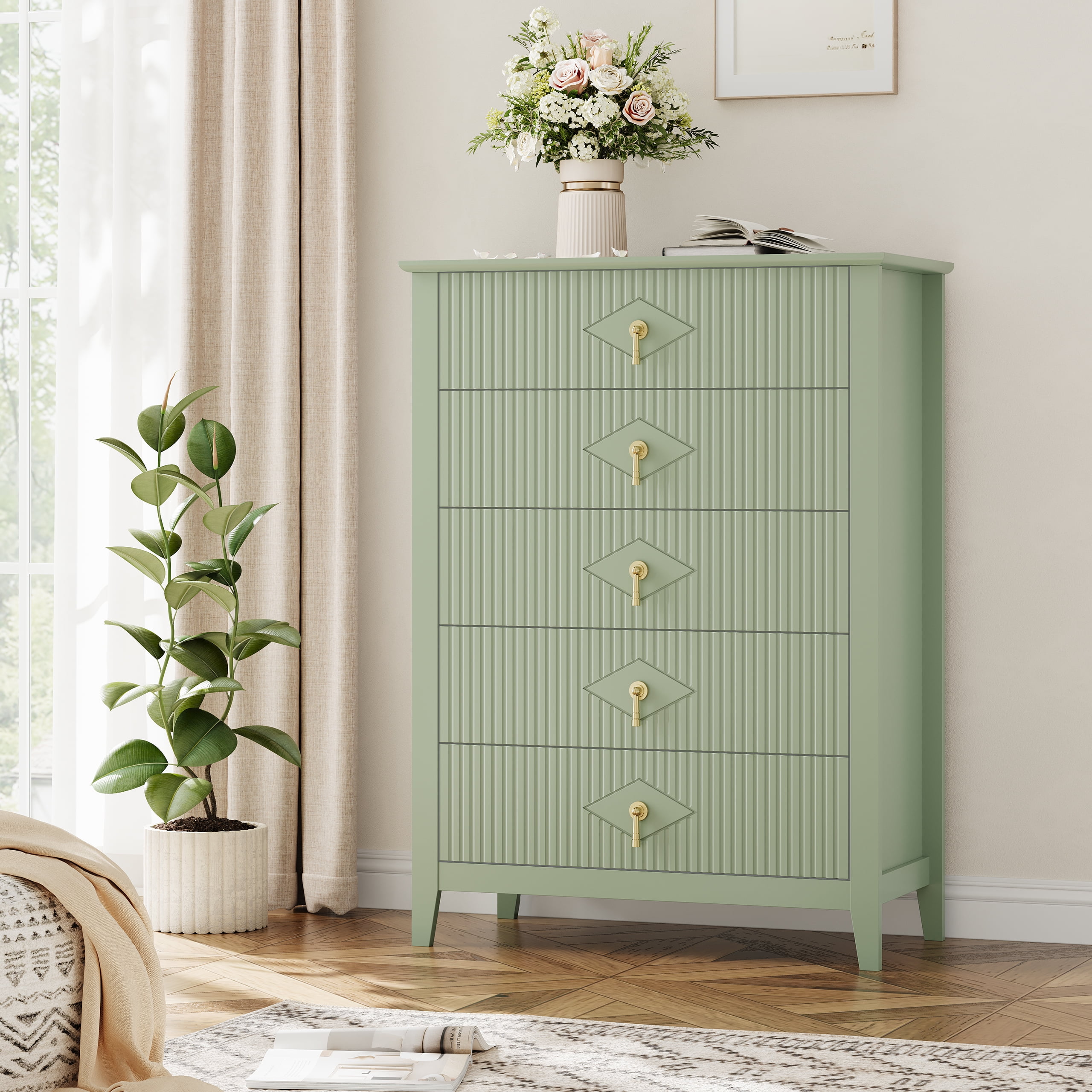 Fluted 5 Drawers Dresser,42.9"Wide Modern Chest of Drawers with Gold Metal Handle,Dresser TV Stand, Wood Drawer Organizer for Bedroom, Living Room, Hallway