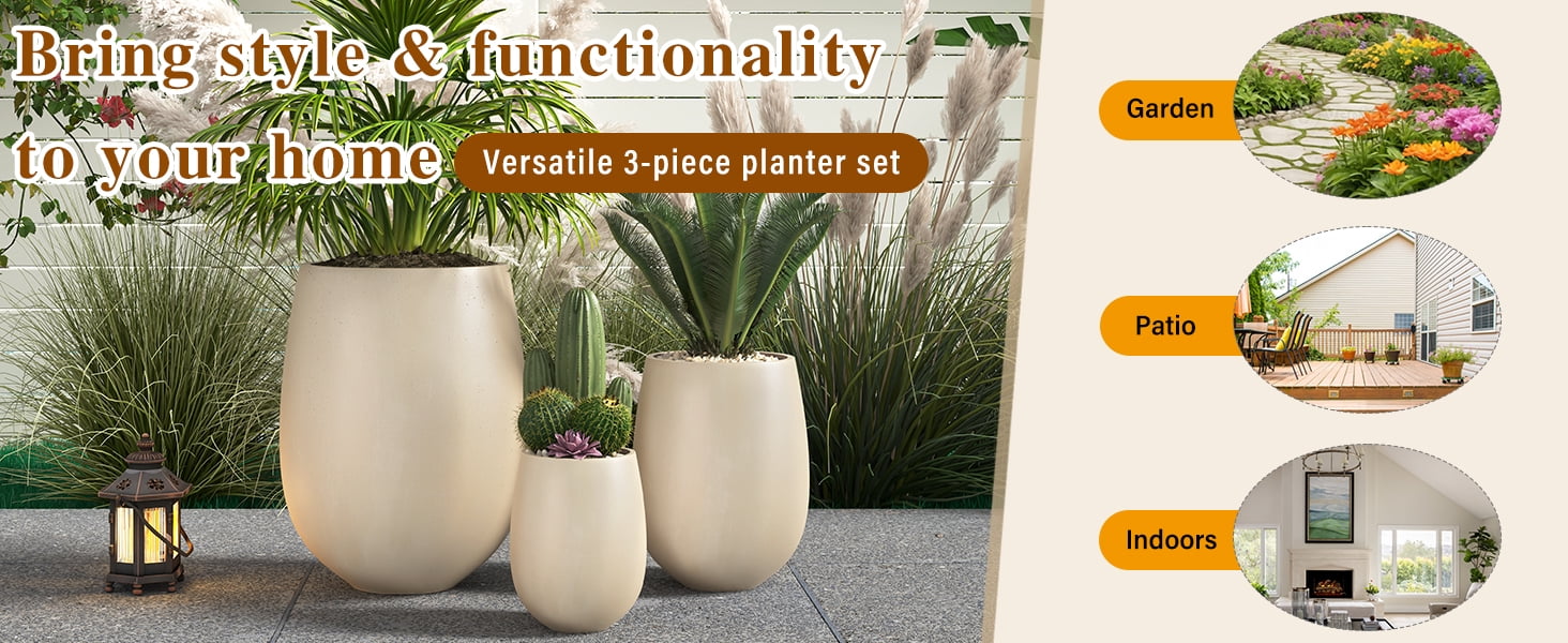 Mintazer Modern Planter Set of 3, 15.6"/10.74"/7.3" Round Stackable Flower Pots with Drainage Holes, Decorative Plant Pots for Indoor & Outdoor, Beige
