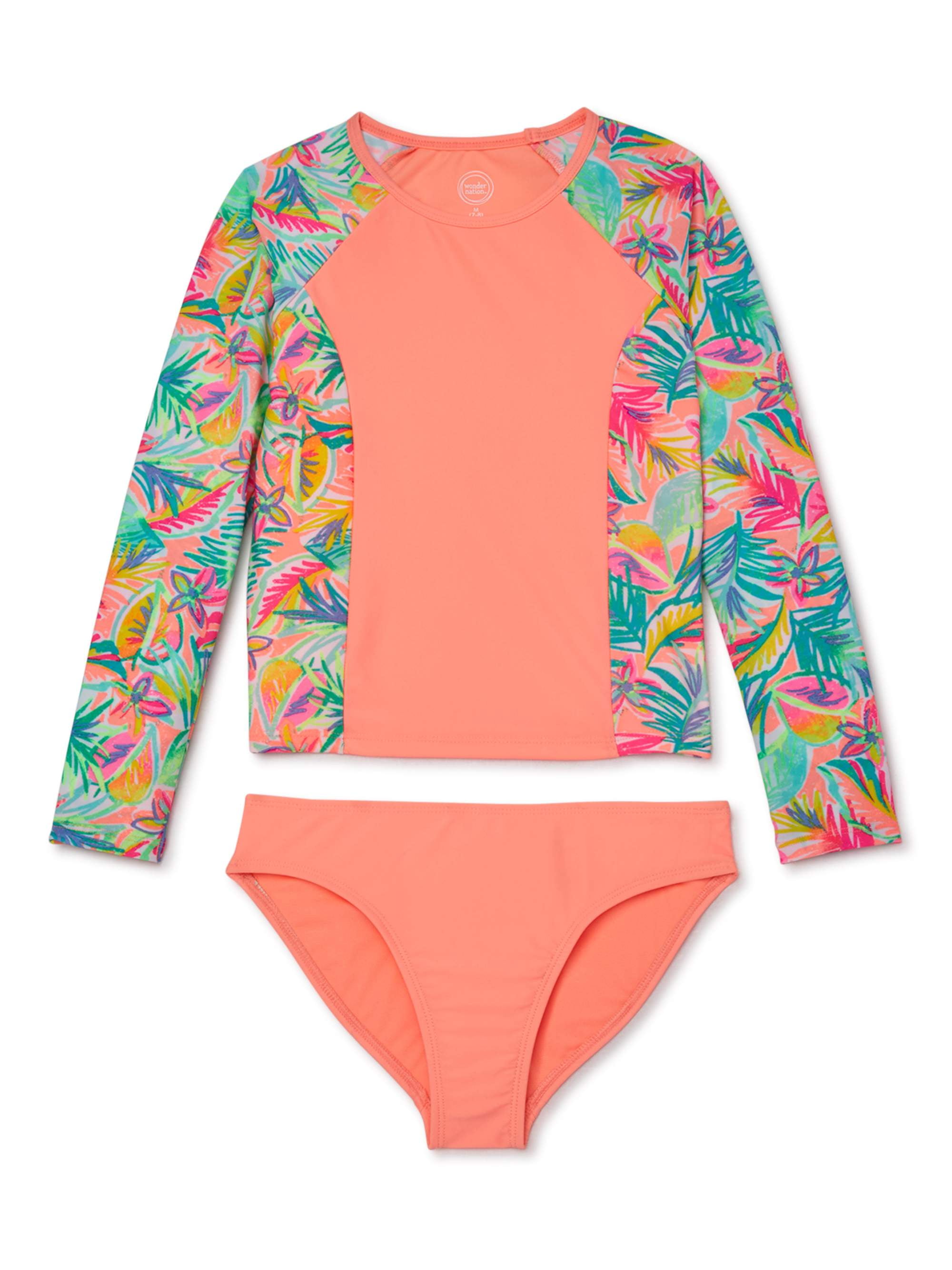 moily Baby Girls Floral Printed Ruffles Long Sleeve Rashguard Shirts with Bottoms Beachwear