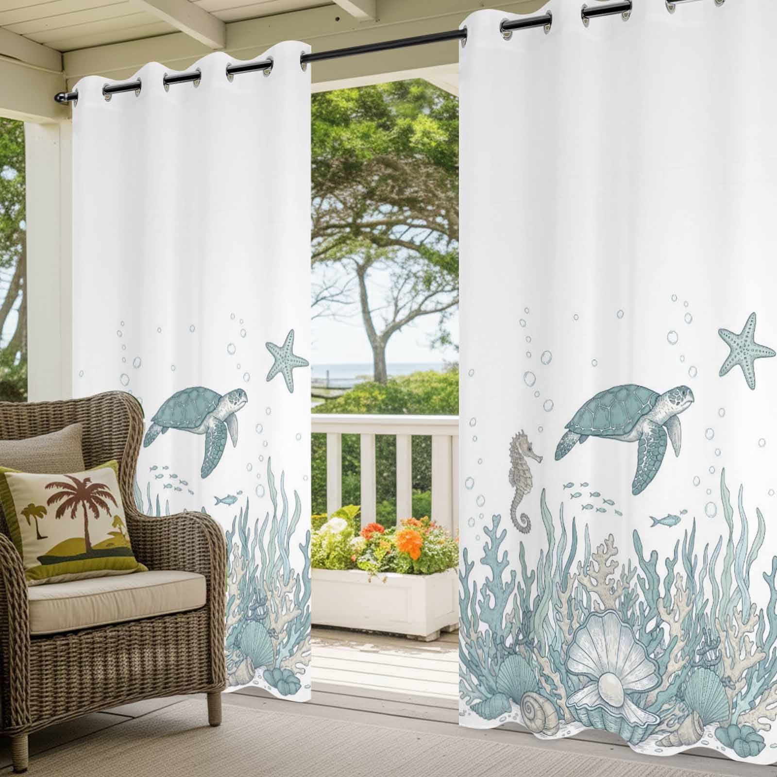 Summer Marine Life Outdoor Curtains for Patio, Nautical Starfish Ocean Seahorse Sea Turtle Coastal Sunshade Privacy Drapes Grommet Waterproof Outside Curtains for Porch Balcony 54"x108", 1 Panel