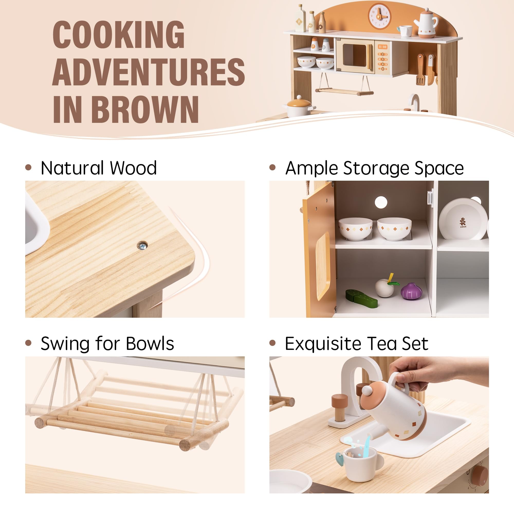 Robud Kids Wooden Kitchen Play Set Pretend Playset Toy with Play Cooker for Kids Boys Girls Age 3+,Caramel