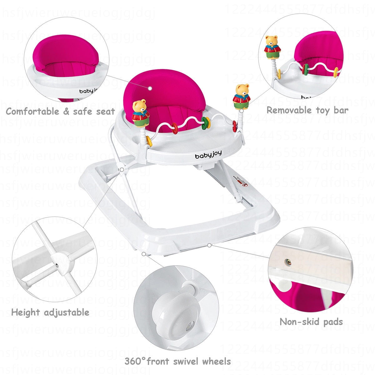 Costway Baby Walker Adjustable Height Removable Toy Wheels Folding Portable Pink