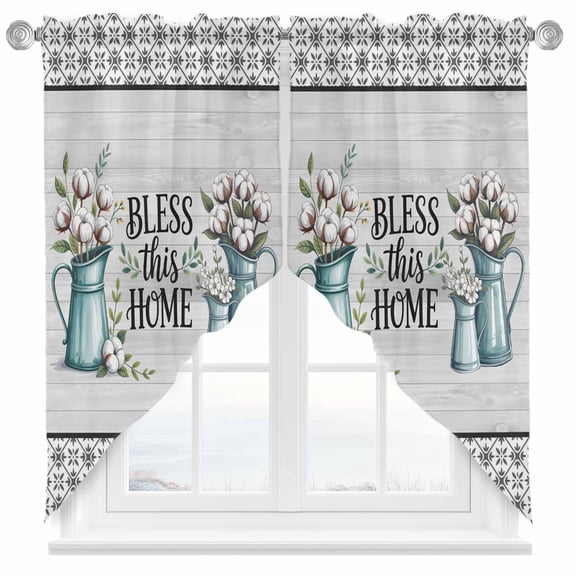 Bless This Home Swag Kitchen Curtain Valances, Spring Watercolor Cotton Leaf Vase Wood Grain Grey Plaid Rod Pocket Curtains Window Treatment Decor Valances for Bedroom Bathroom, 2 Panels 28 x 36 Inch