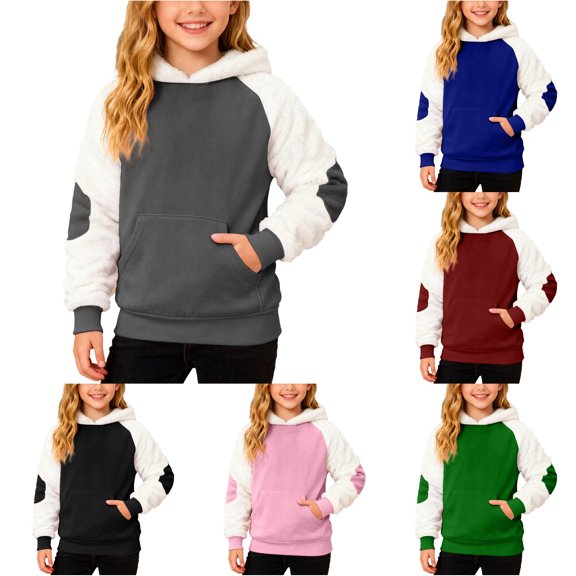 Tanghaowl Kids Hoodies Child Boys Girls Christmas Long Sleeve Patchwork Hooded Pullover Tops Keep Warm Sweatshirts Clothes Grey 13-14 Years