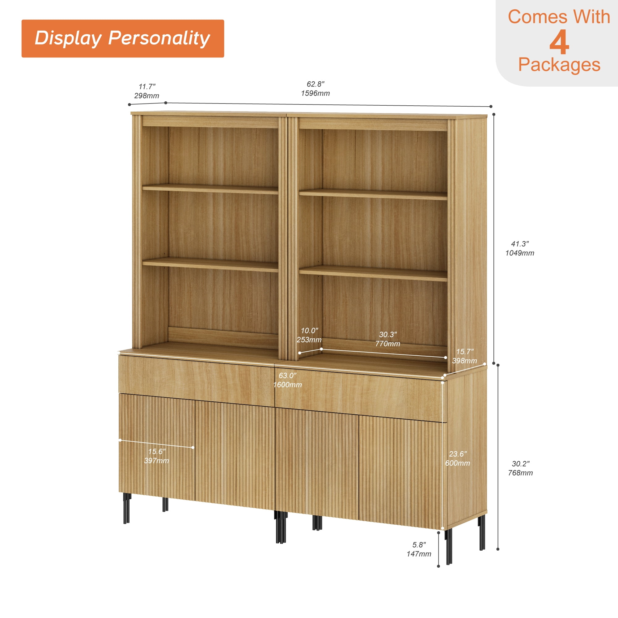 71.6" Tall Fluted Kitchen Pantry Cabinet Set of 2, Wood Bookcase Display Cabinet with Doors and Adjustable Shelves, Modern Versatile Cupboard For Dining Room, Bedroom