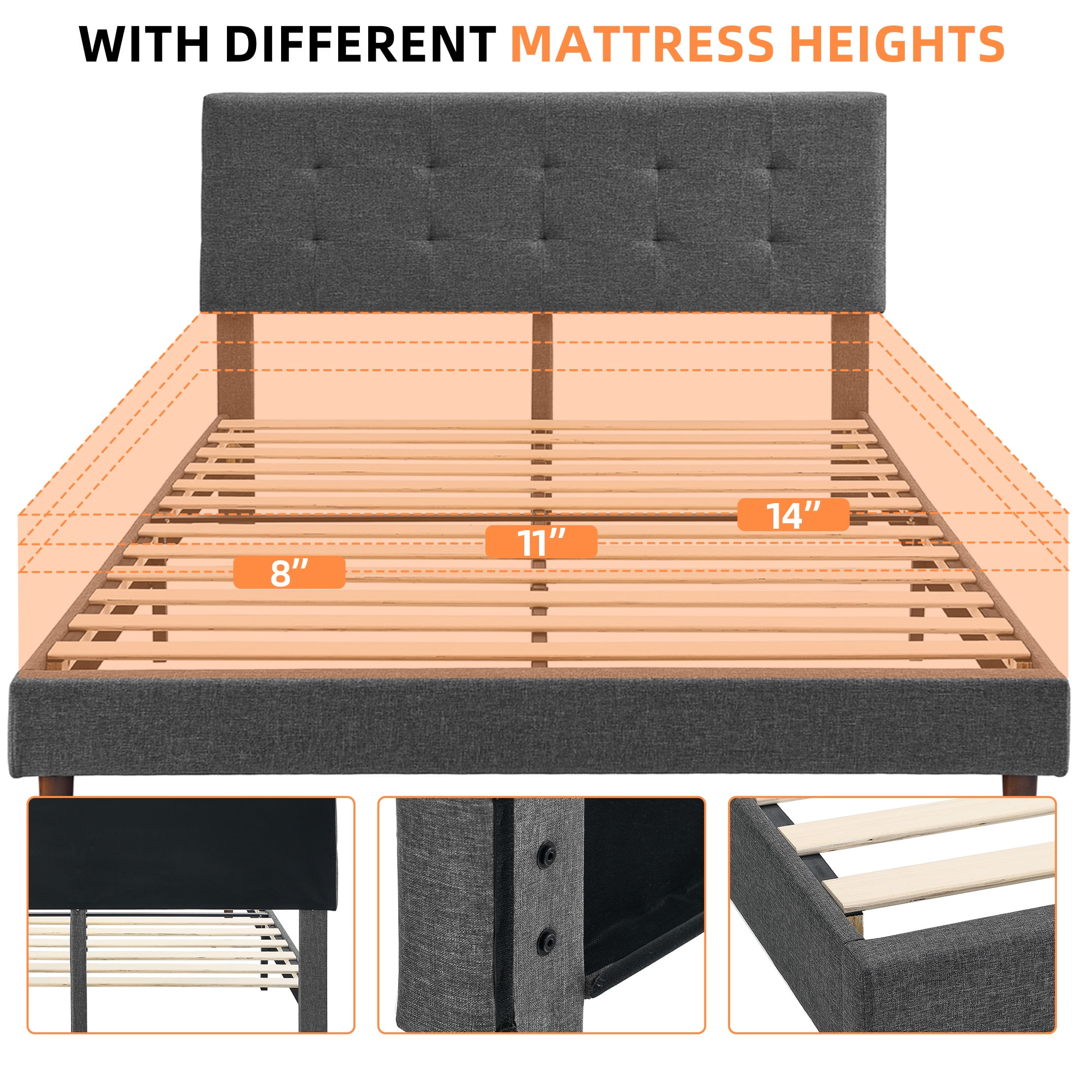 AENKYO King Size Upholstered Platform Bed Frame, Tufted Low Profile Design with Adjustable Headboard, Gray