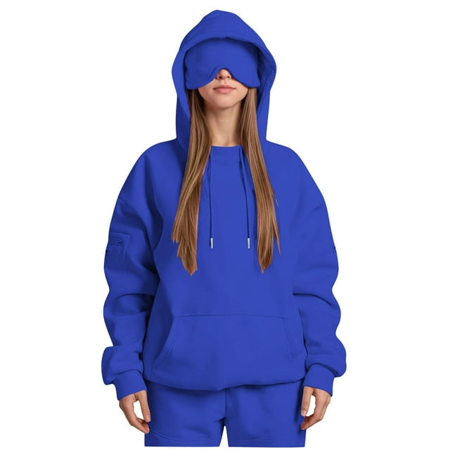 VINUSLI Gym Hoodies for Women Plus Size Pullover Lightweight Drawstring Hoodies Jacket with Eye Mask Solid Long Sleeve Sweatshirts with Pockets Blue,L