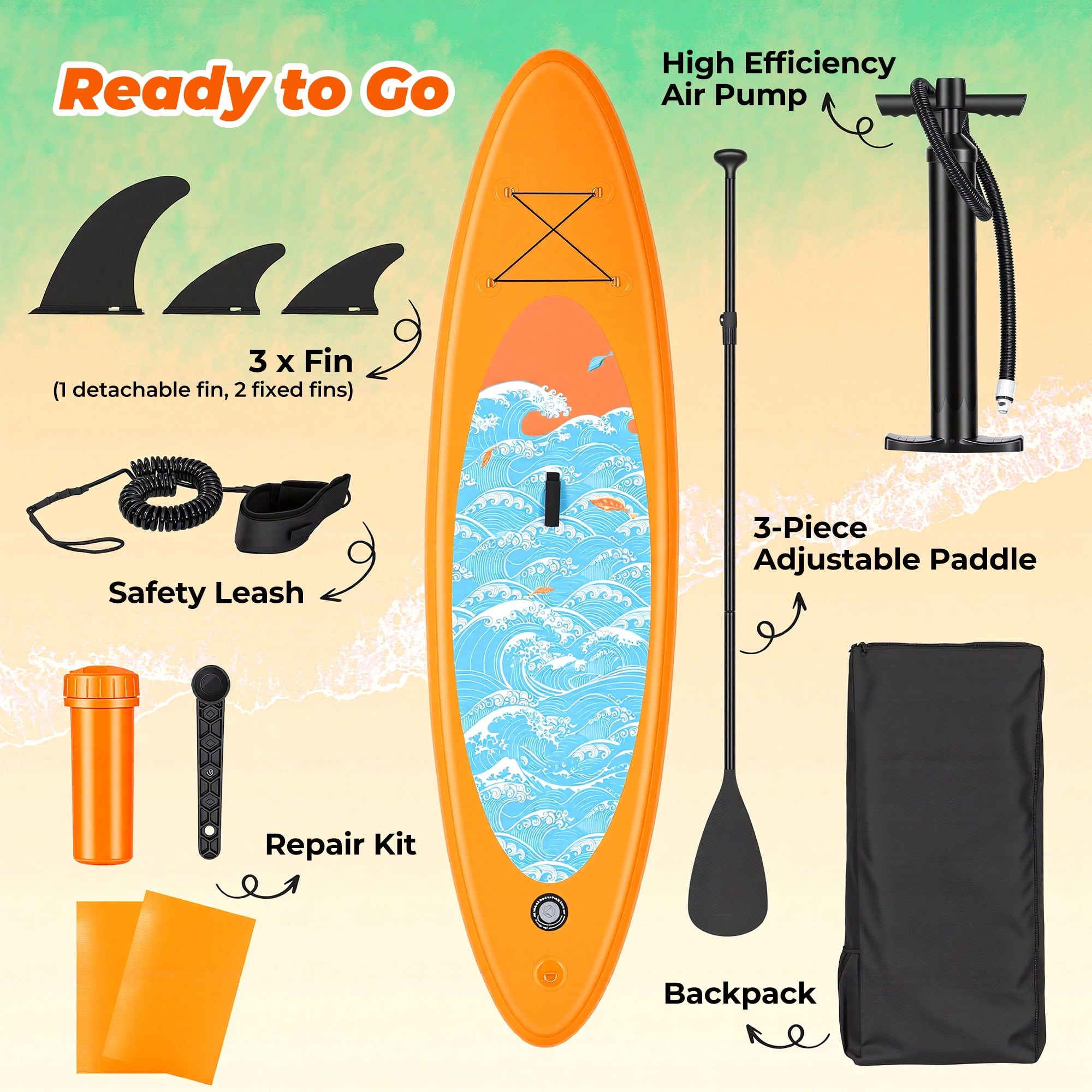 Naipo Inflatable Paddle Board 10ft Surf Orange Stand Up Paddle Board Full SUP Accessories 6in Thick 330 lbs Capacity for All Skill Levels