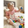 thumbnail image 6 of BemeyourBBs Toddler Baby Girl Summer Clothes Spring Fall Winter Romper Floral Print Patchwork Short Sleeve Fake Two-piece Jumpsuit with Headband Set 2 Piece Outfits, 6 of 9