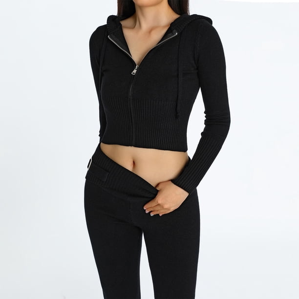 Blusas + Pantalones Largos Y2K Knit Crop Tops + Pantalones largos 2pcs Mujeres Zipper Sport Fitness Outfit (Negro M) Kuymtek para Mujer Negro T M