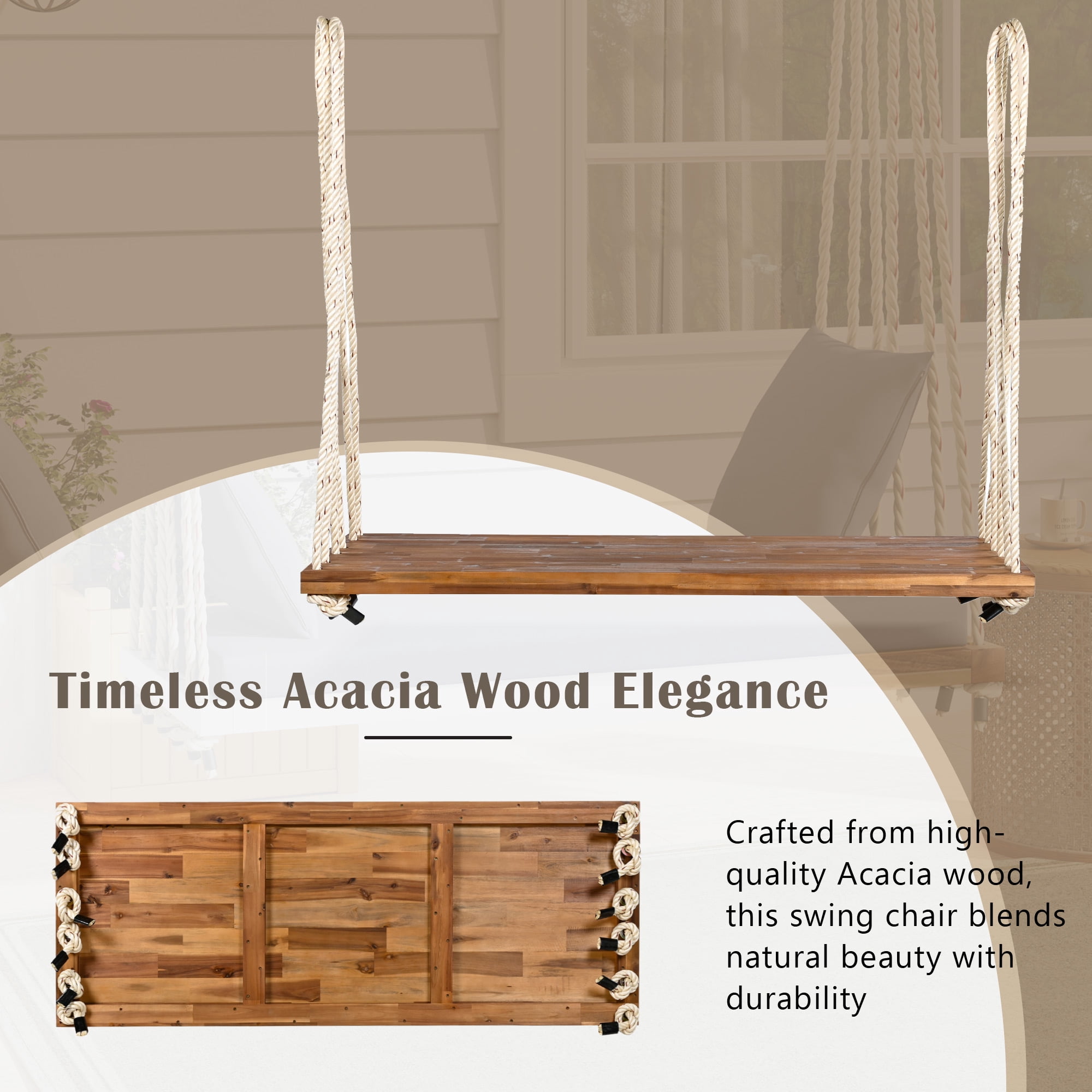 Euroco Acacia Wood Swing Chair with Hemp Rope Suspension, 400lbs Capacity, Comfortable Cushioned Seat, Easy Setup, Multiple Colors