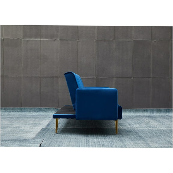 JERFIT Modern Velvet Convertible Sofa Bed for Small Spaces, Dark Blue Futon Couch with Gold Metal Legs