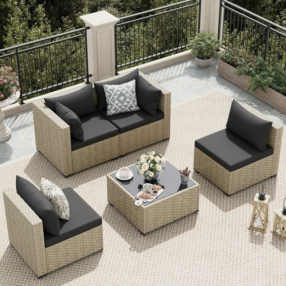 UDPATIO 5 Pieces Outdoor Patio Furniture Set, Outdoor Wicker Patio Conversation Set with Cushions for Backyard, Porch, Garden(Black)