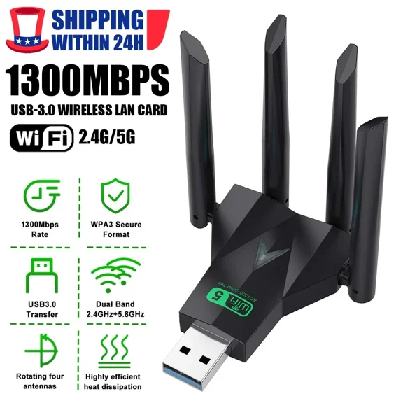 RHEA- 1300Mbps Wireless Usb 3.0 Wifi Adapter 2.4/5Ghz Dual Band Dongle For Pc Network*