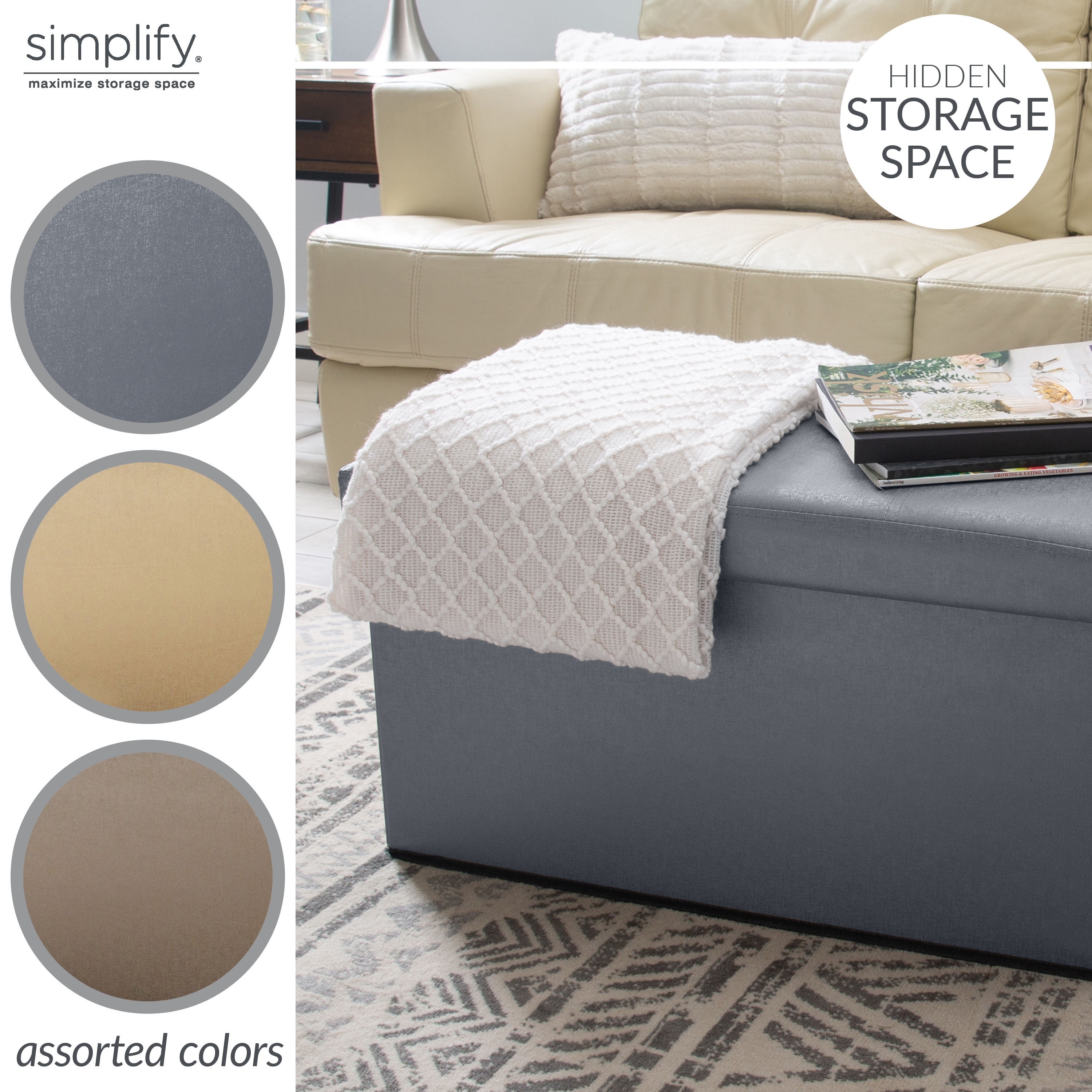 Simplify Faux Leather Double Folding Storage Ottoman Metallic Pewter