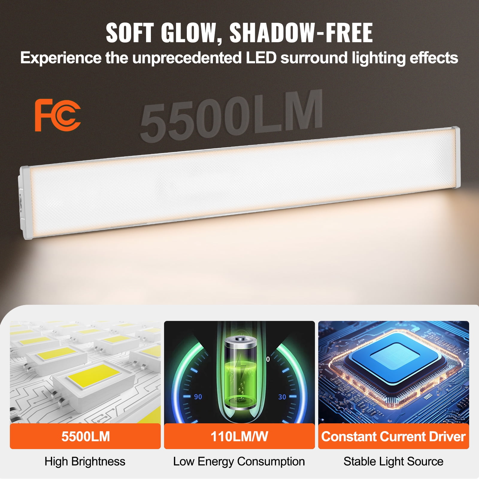 SKYSHALO 4FT LED Wraparound Light 50W 5500LM Flush Mount LED Shop Light FCC