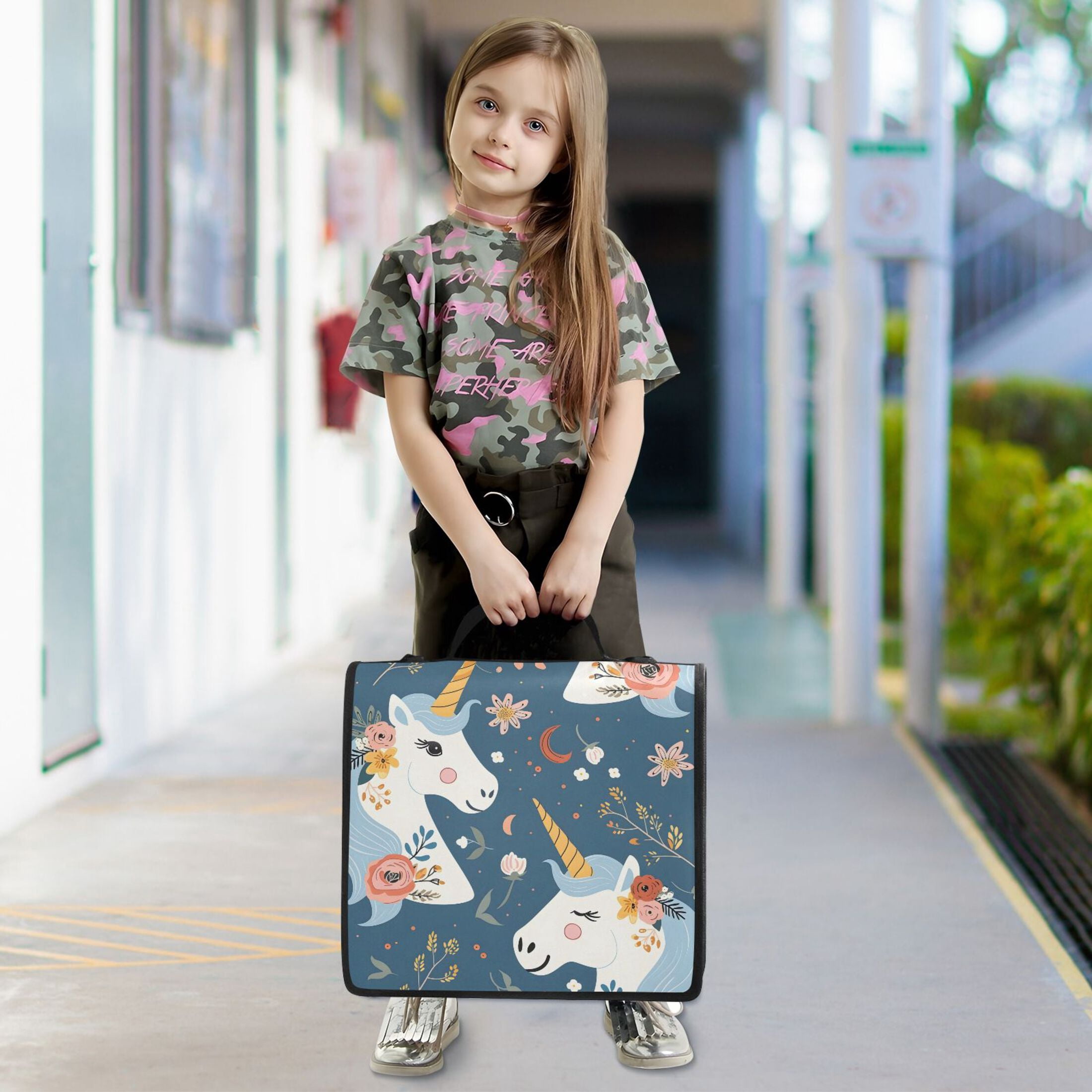 3 Ring Zipper Binder with Shoulder Strap Waterproof Trapper Keeper 2 Inch D-Ring 500 Sheets Capacity Beautiful Unicorn Head and Flower