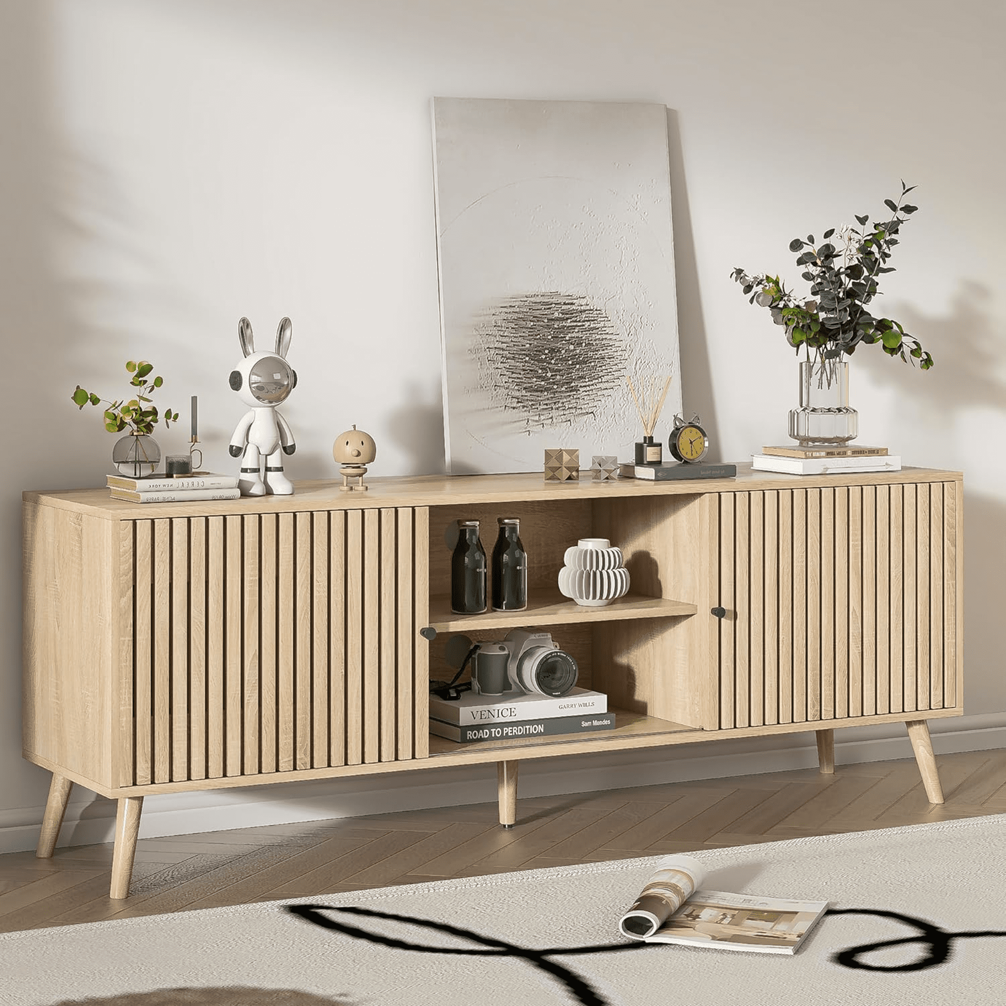 Oubayajia Mid-Century Modern 63" TV Stand for TVs up to 70”, Wood TV Console with Waveform Sliding Doors and Storage, Entertainment Center for Living Room Bedroom, Natural