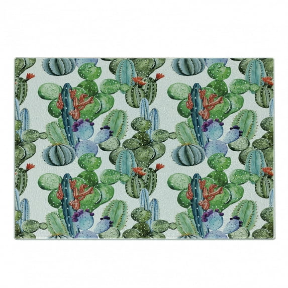 Cactus Cutting Board, Different Cactus Types in Watercolors Style Display Spring Field Foliage Art, Decorative Tempered Glass Cutting and Serving Board, Small Size, Multicolor, by Ambesonne