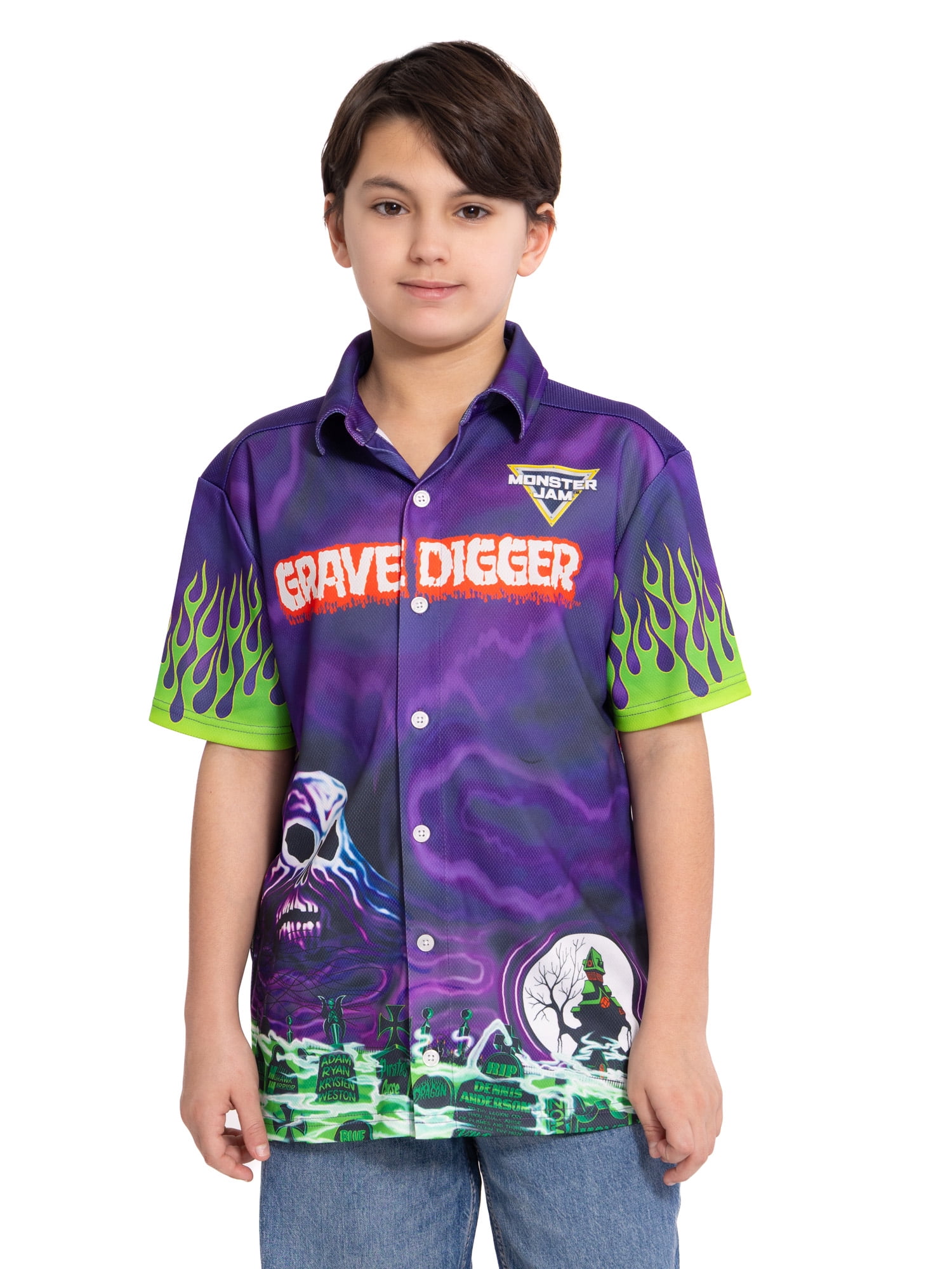 Monster Jam Grave Digger Boys Button Shirt with Short Sleeves, Sizes 4-16