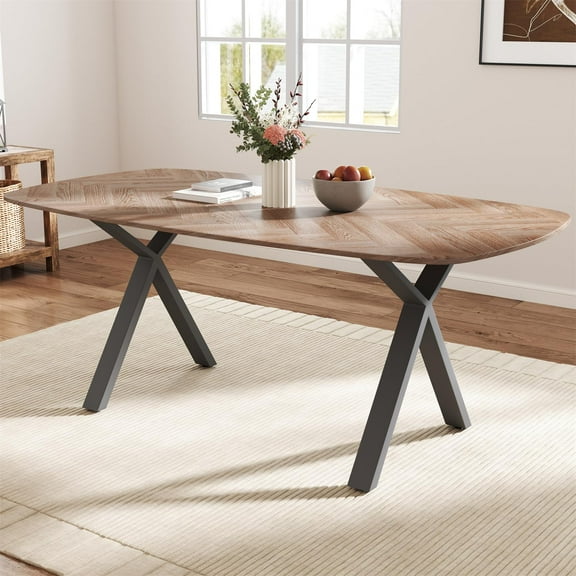 KATBOC Farmhouse Table, Large Rustic Dining Table, Wood Grain MDF X-Leg Design for Dining Room & Kitchen, Brown