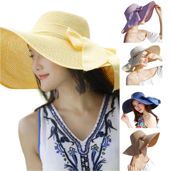 LiuXxxx Wide Brim Straw Sun Hat for Women Folding Beach Floppy Bowknot Cap Baseball Style Packable Outdoor Visor Yellow