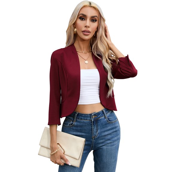 Womens Cropped Blazer Casual Business 3/4 Sleeve Collarless Open Front Cardigan Work Jacket Shrug
